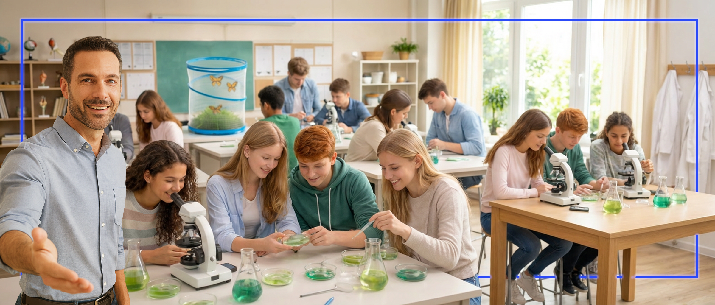 Schüler:innen beim gemeinsamen Experimentieren im Klassenraum.