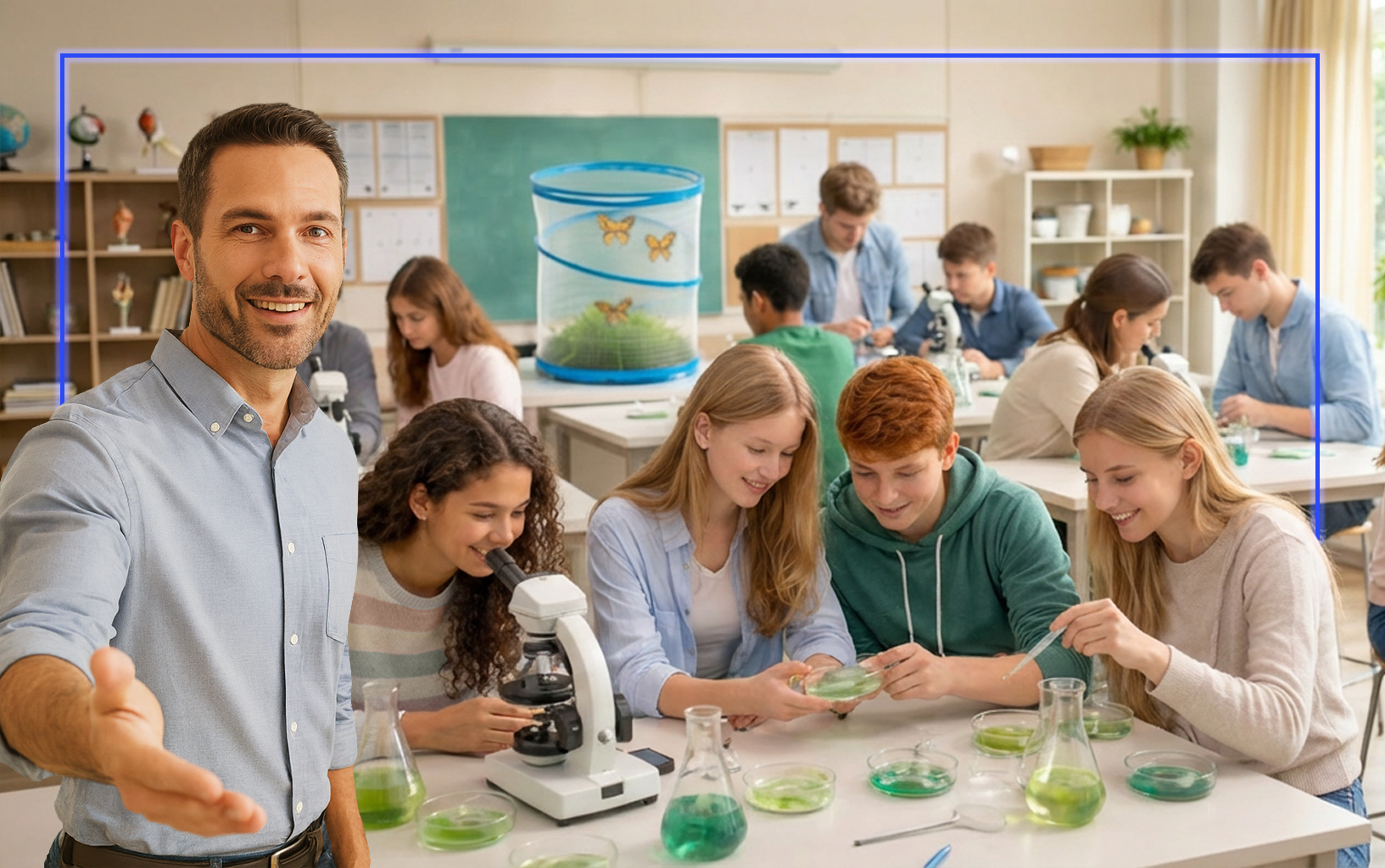 Schüler:innen beim gemeinsamen Experimentieren im Klassenraum